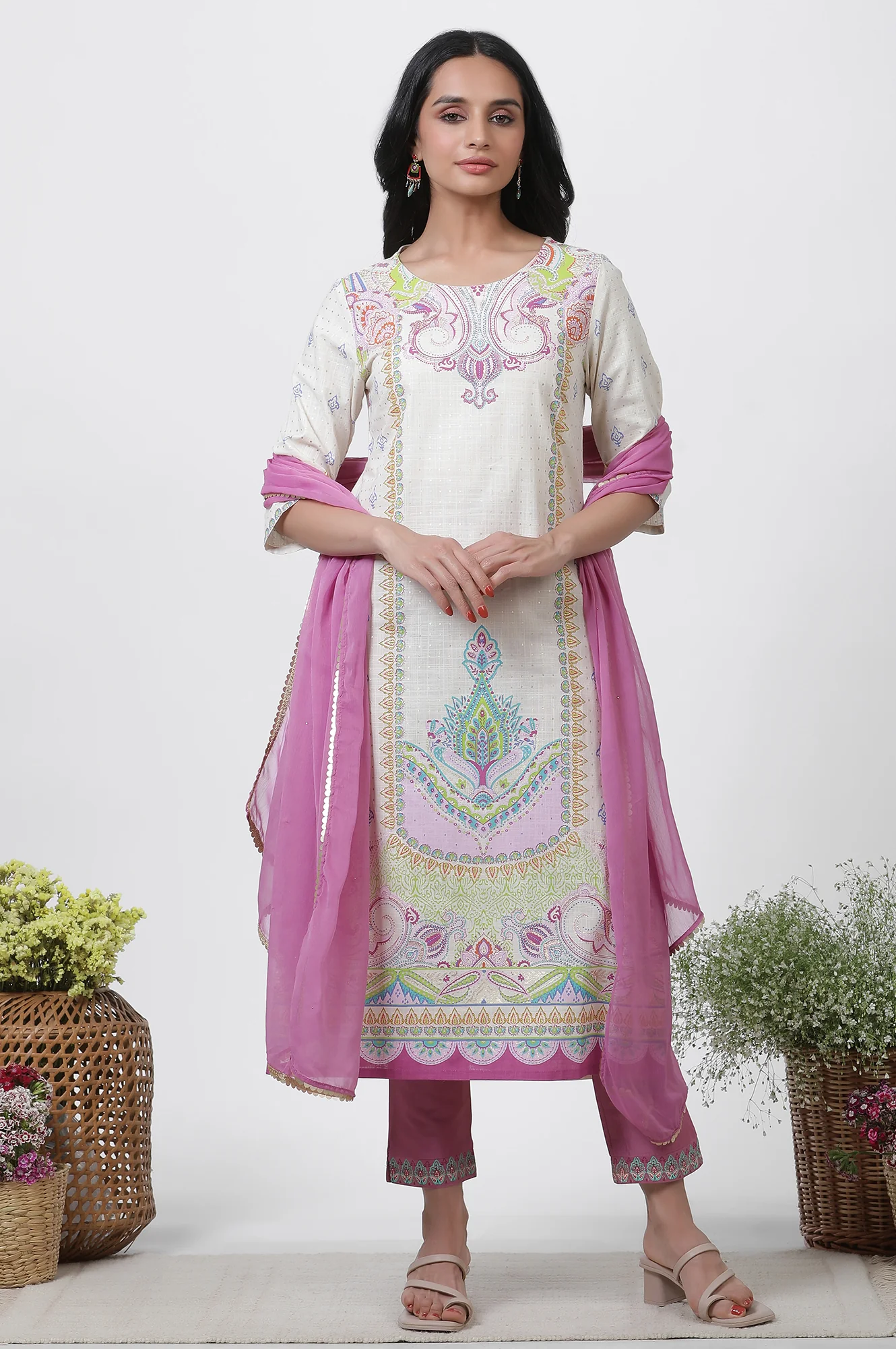 White Printed Straight Kurta, Pants And Dupatta Set - Image 2