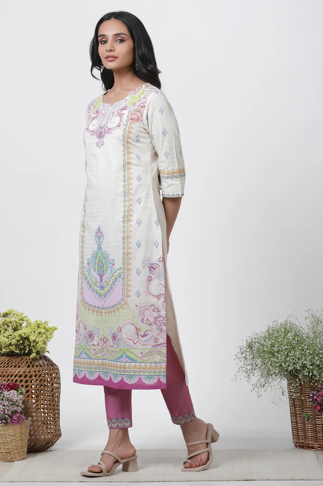White Printed Straight Kurta, Pants And Dupatta Set - Image 3