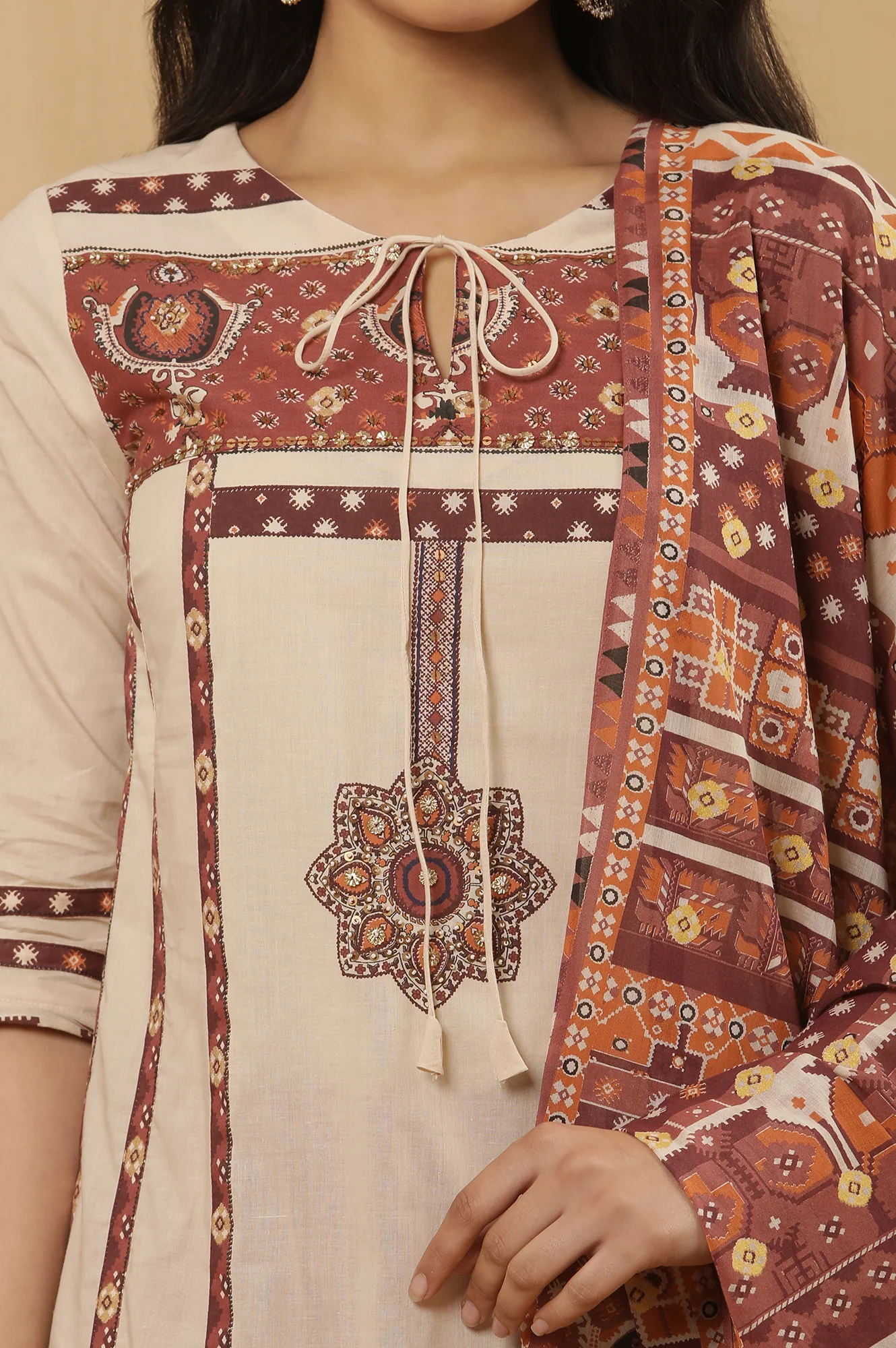 White Printed Summer Kurta, Tights And Dupatta Set - Image 6