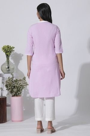 White & Purple Embroidered Cotton Kurta And Pants Set - Image 4