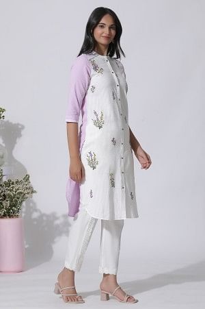White & Purple Embroidered Cotton Kurta And Pants Set - Image 5