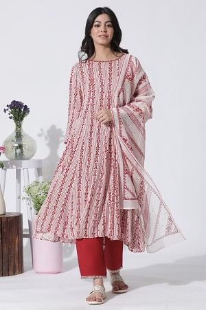 White & Red Printed Flared Kurta, Cotton Pants With Dupatta Set - Image 2