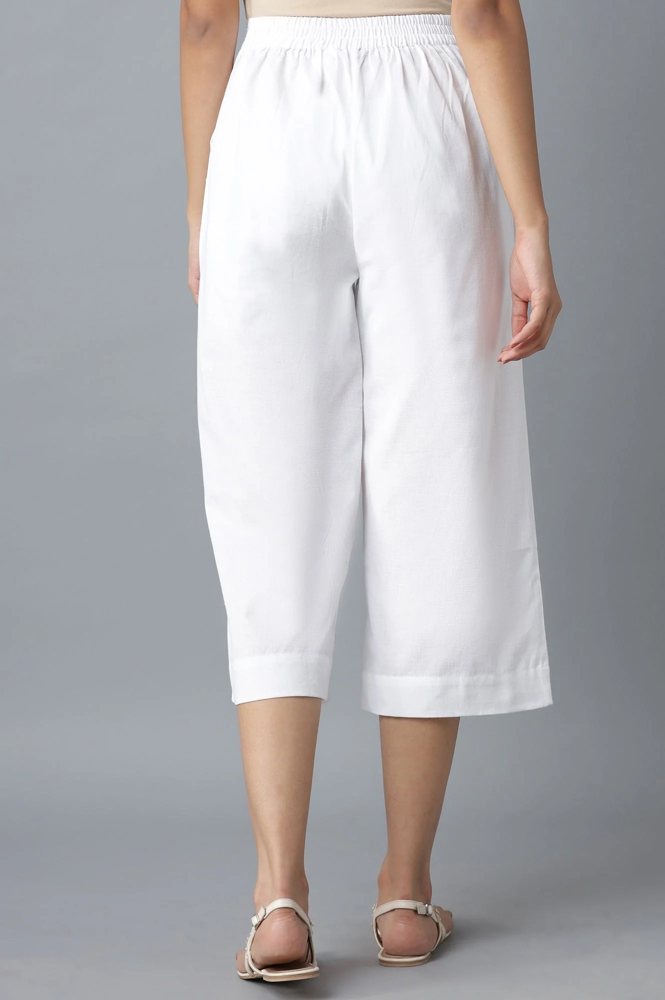 Elleven Women's White Solid Wide Leg Cotton Palazzo With Roll Up Hem - Image 2