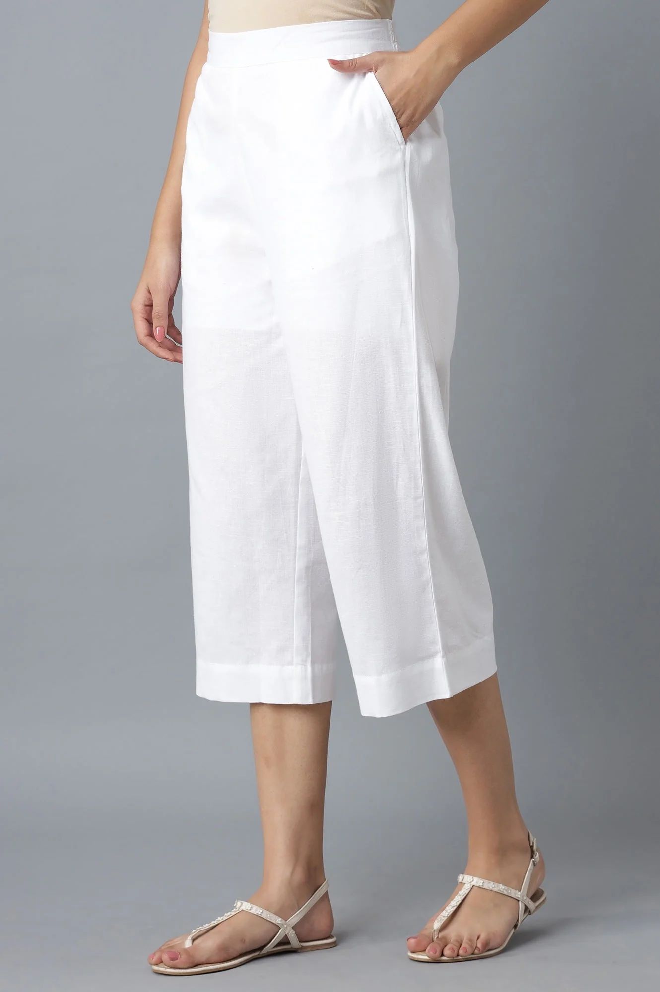 Elleven Women's White Solid Wide Leg Cotton Palazzo With Roll Up Hem - Image 3