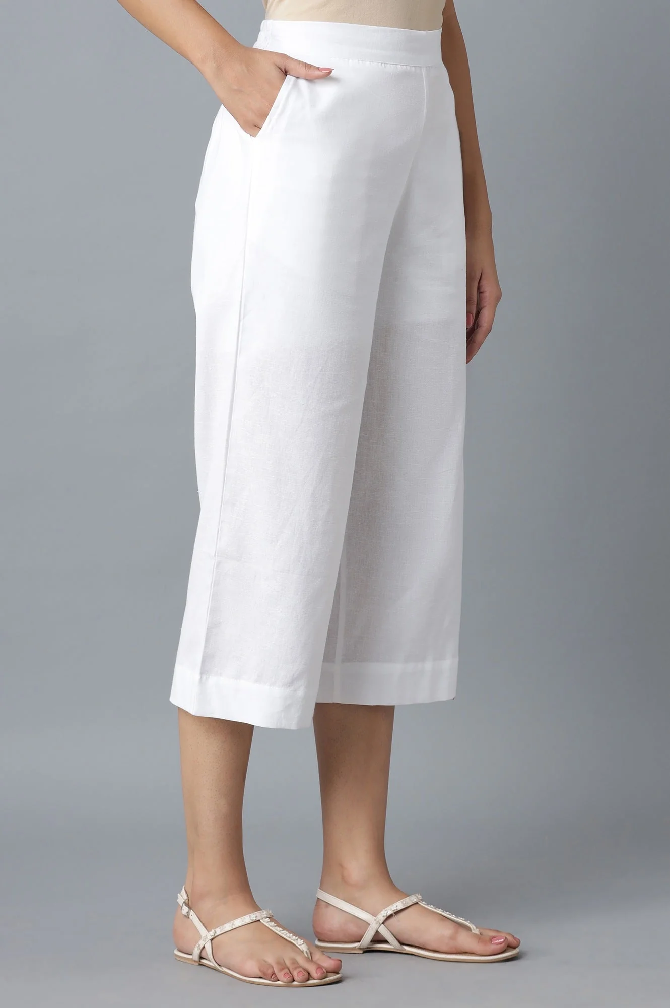 Elleven Women's White Solid Wide Leg Cotton Palazzo With Roll Up Hem - Image 4