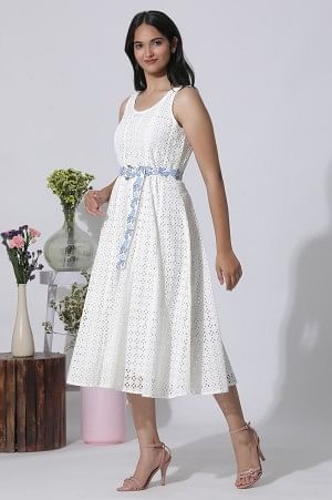 White Schiffli Cotton Flared Dress With Embroidered Belt - Image 3