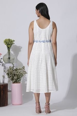 White Schiffli Cotton Flared Dress With Embroidered Belt - Image 4