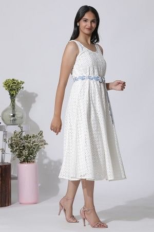 White Schiffli Cotton Flared Dress With Embroidered Belt - Image 5