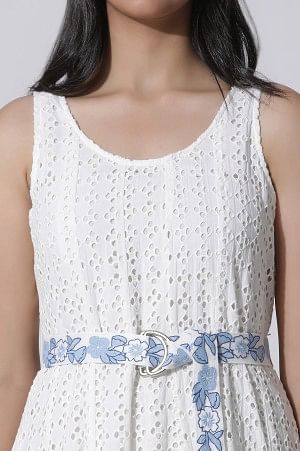 White Schiffli Cotton Flared Dress With Embroidered Belt - Image 6