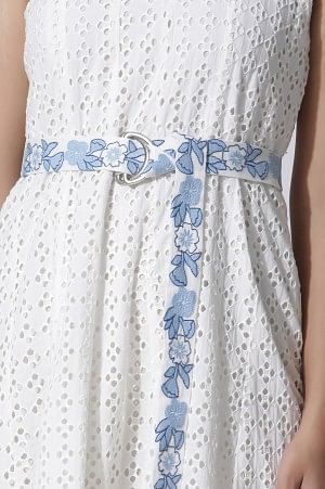 White Schiffli Cotton Flared Dress With Embroidered Belt - Image 7