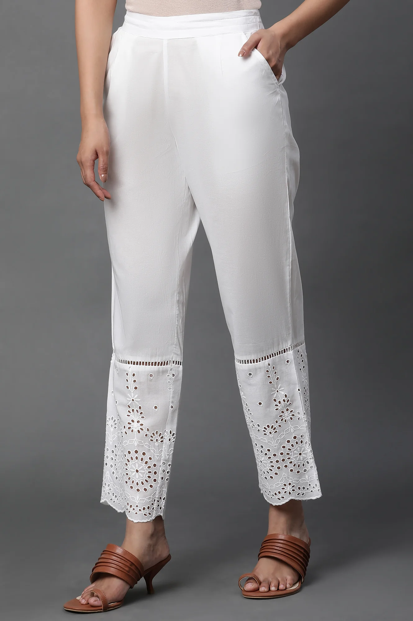 White Schiffli Straight Pants - Image 2