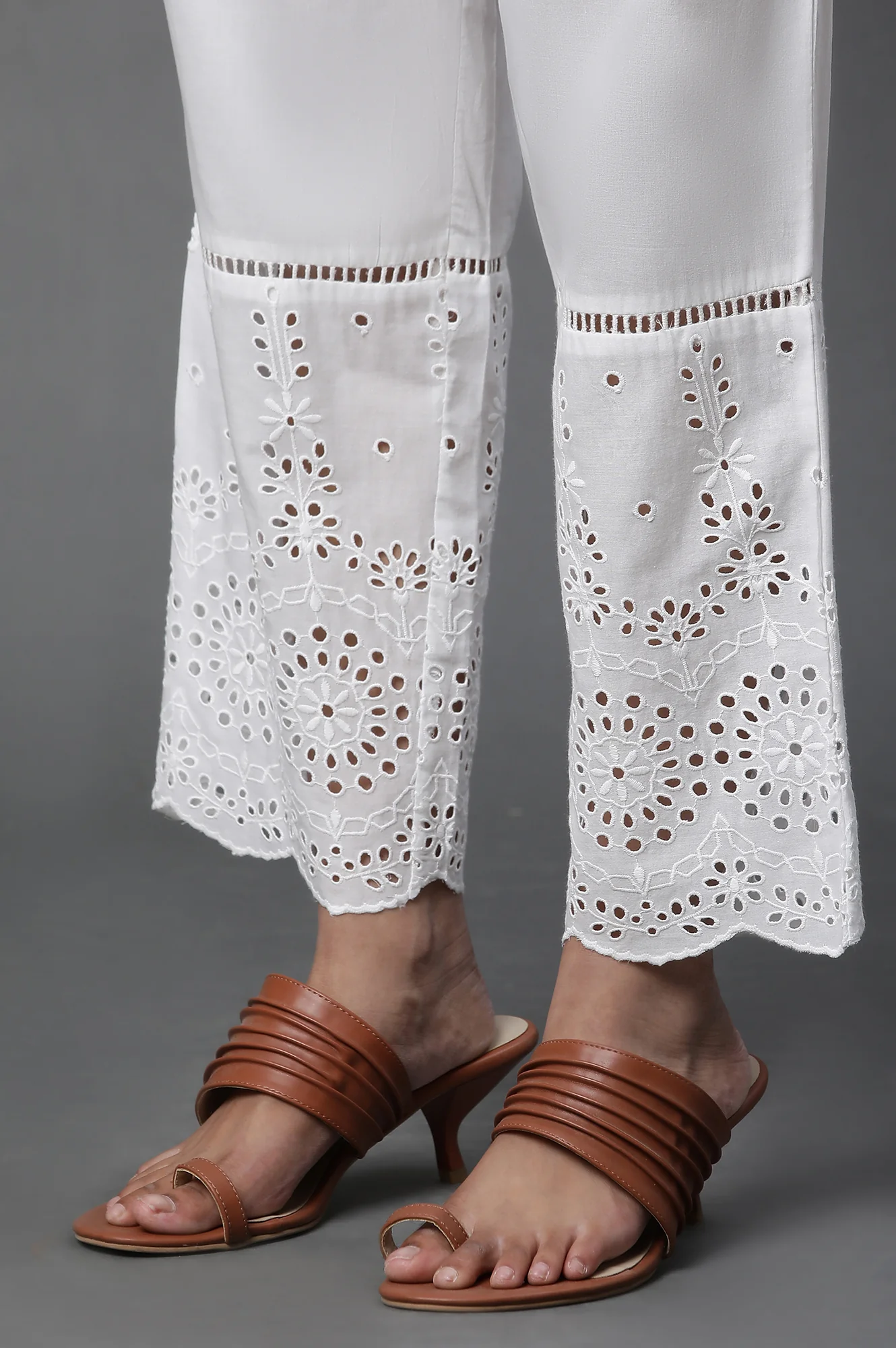 White Schiffli Straight Pants - Image 8