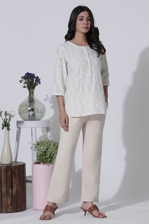 White Schiffli Top with Curved Hemline - Image 5