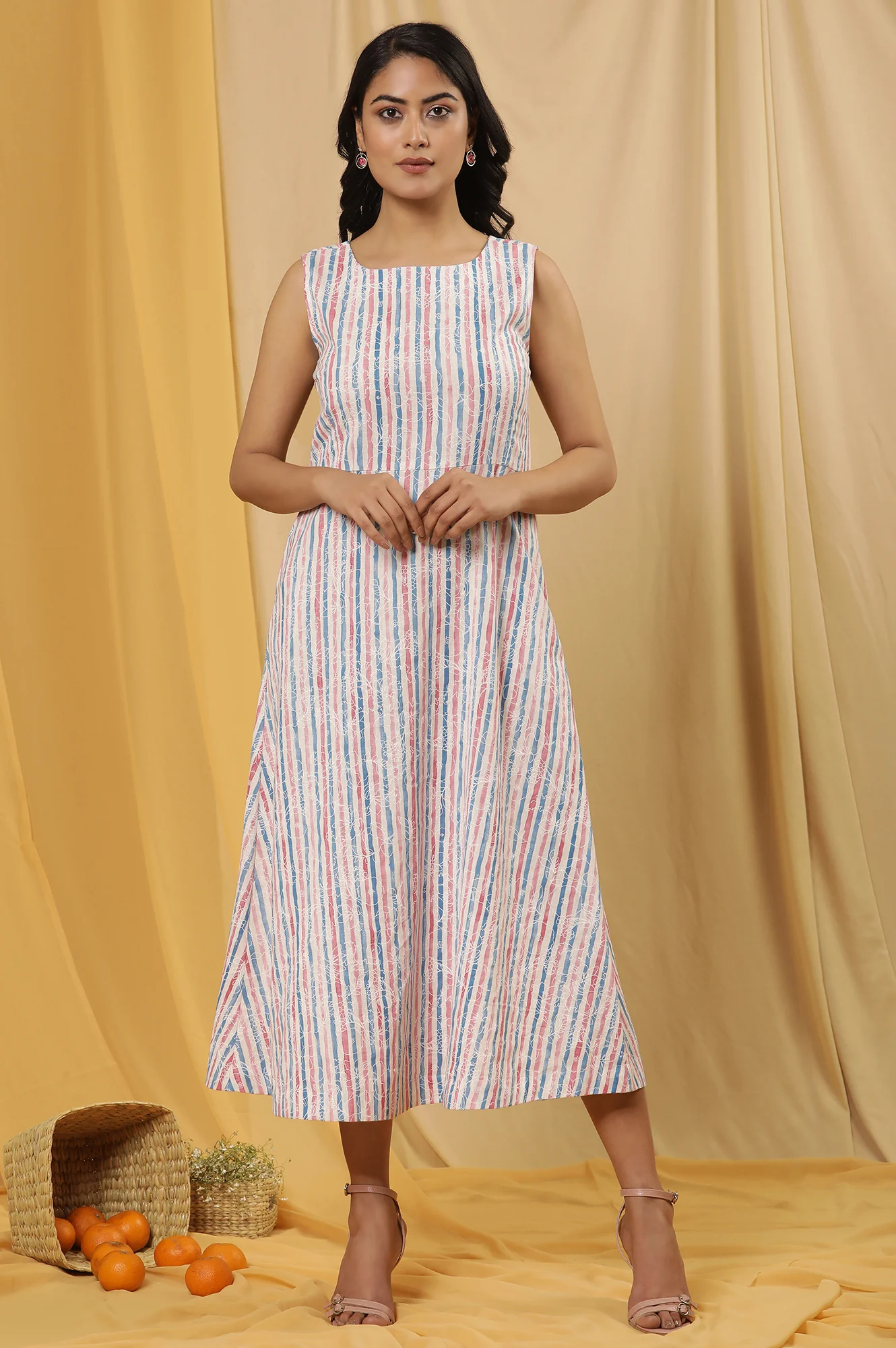 White Sleeveless Western Dress With Multi-Coloured Stripes - Image 2