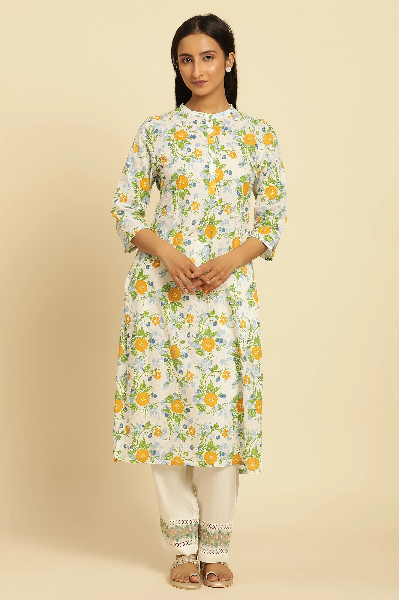 White Straight Kurta With Multi-Coloured Floral Print - Image 2