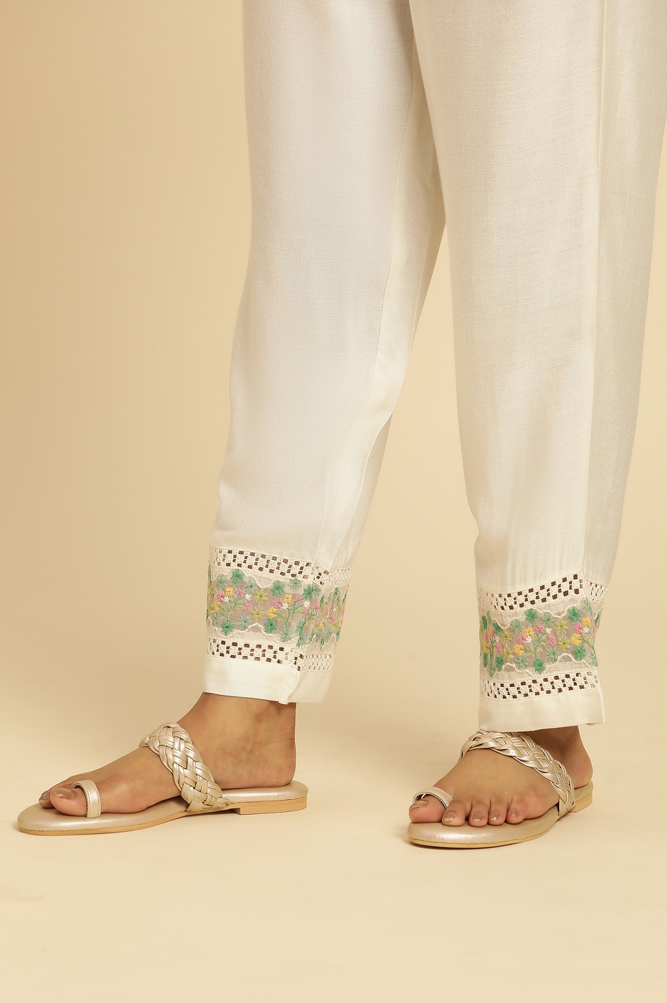White Straight Pants With Embroidered Hemline - Image 8
