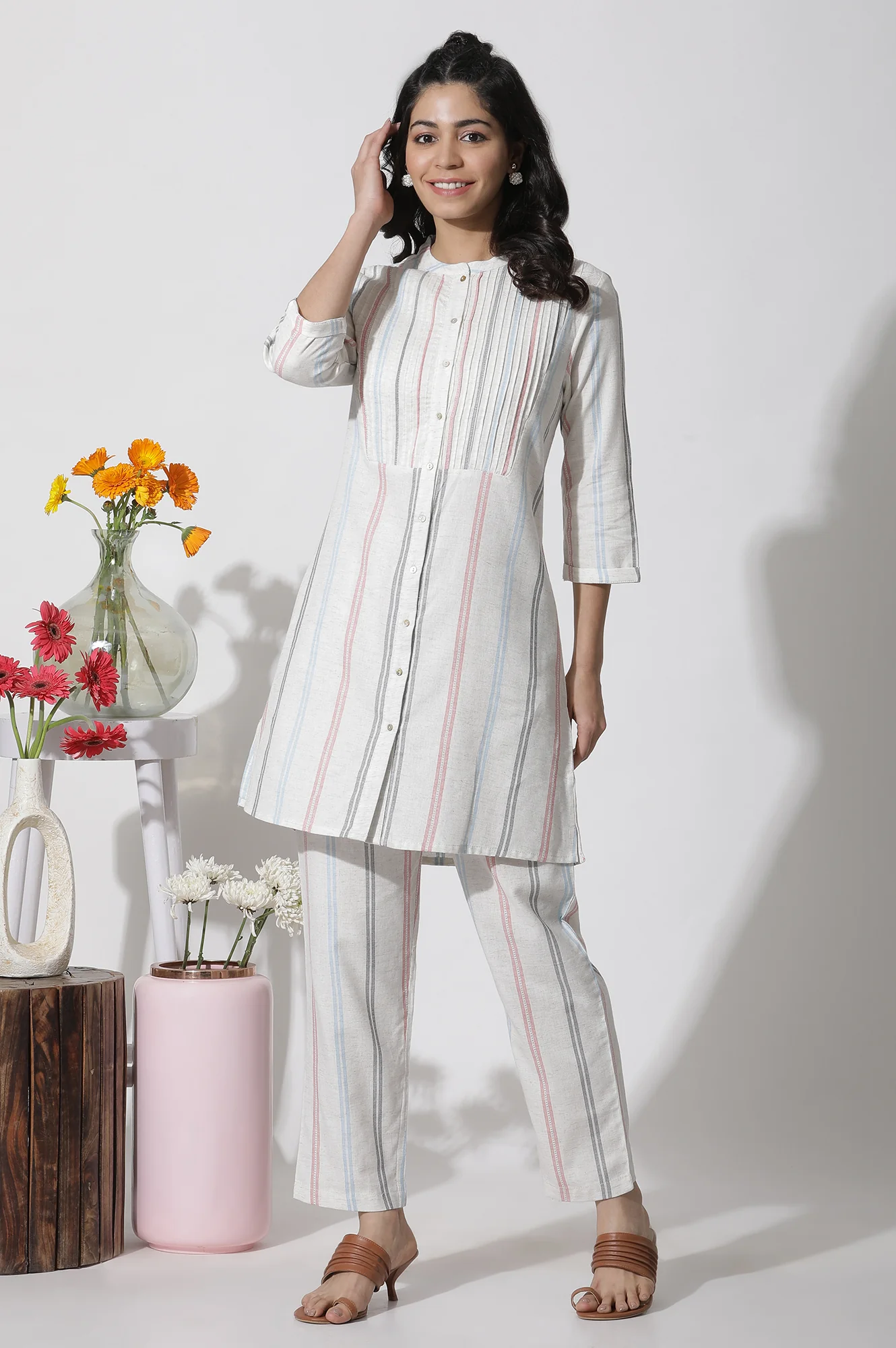 White Stripe Printed Pintuck Tunic And Pants Co-Ord Set - Image 2
