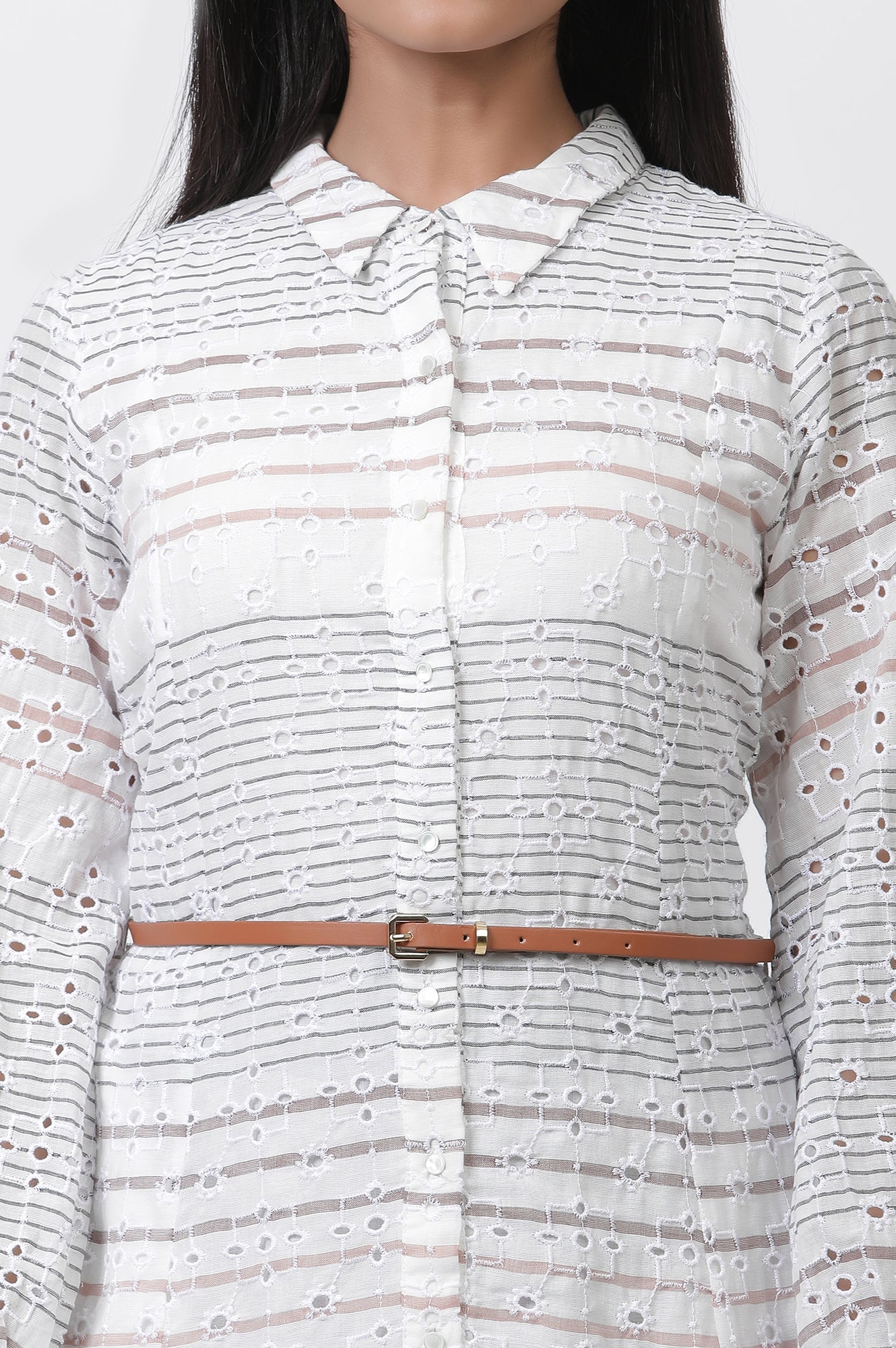 White Striped Cotton Schiffli A-line Dress - Image 6