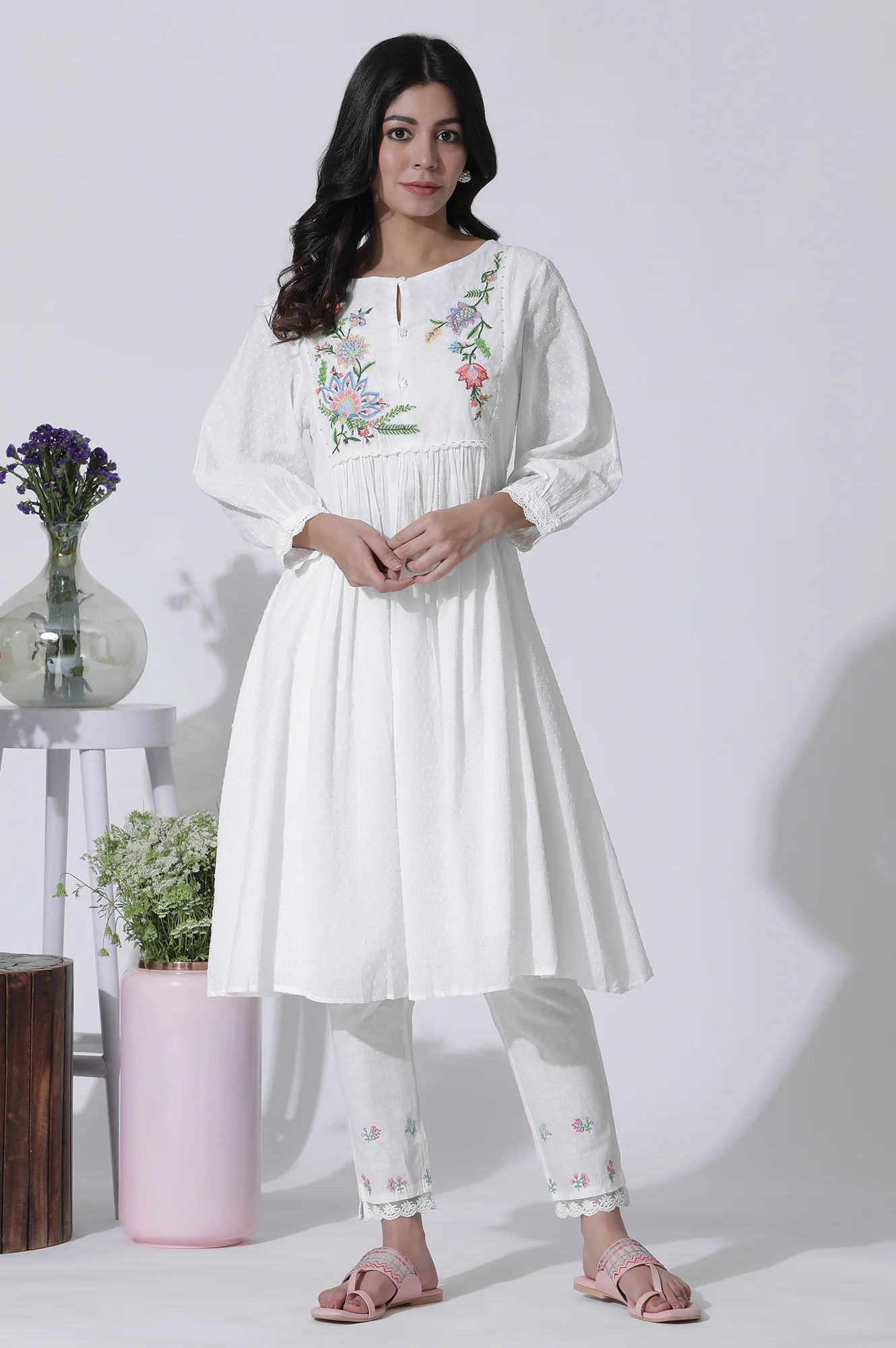 White Swiss Dot Embroidered Dress With Slim Pants Set - Image 2