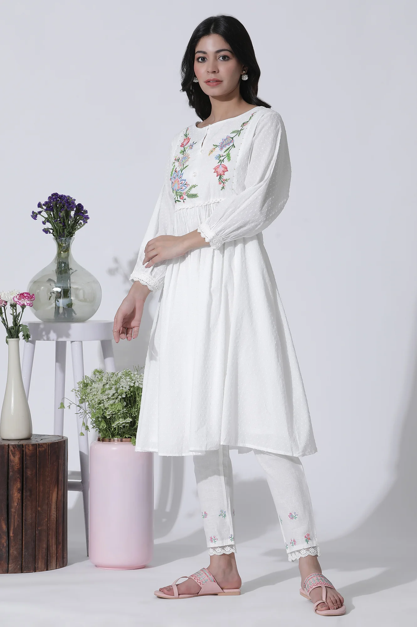 White Swiss Dot Embroidered Dress With Slim Pants Set - Image 3