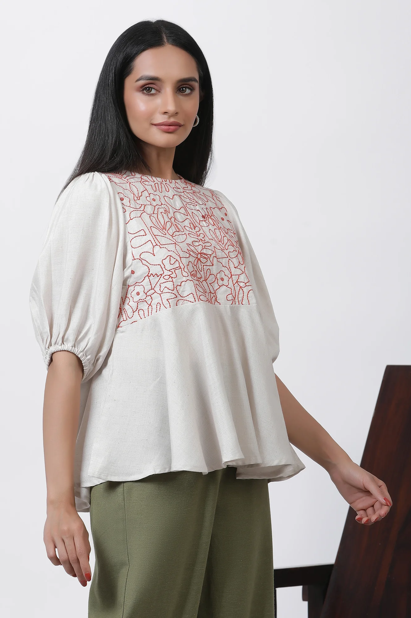 White Thread Embroidered Peplum Top - Image 4