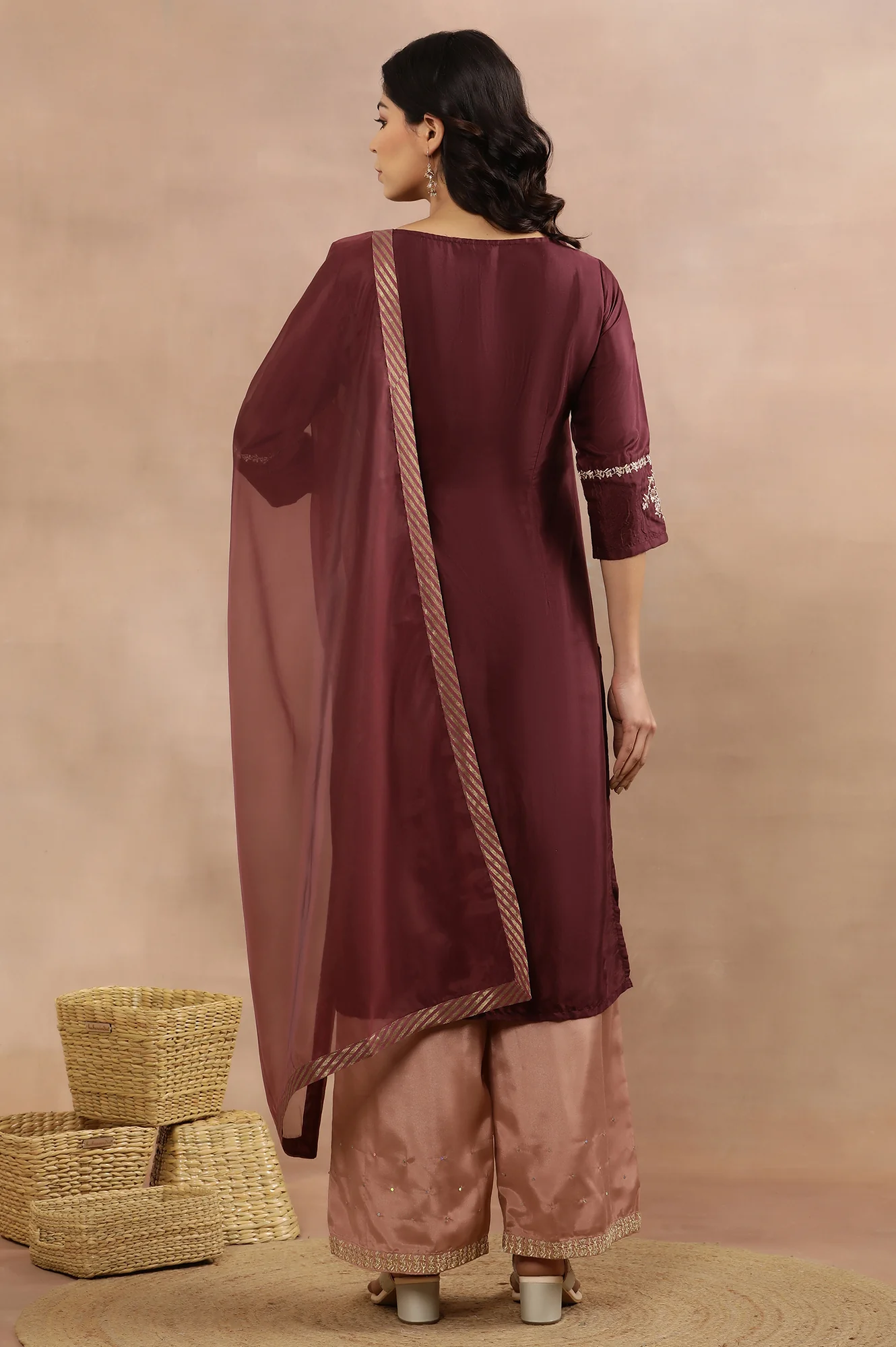 Wine Embroidered Kurta, Pink Flared Pants And Dupatta Set - Image 4