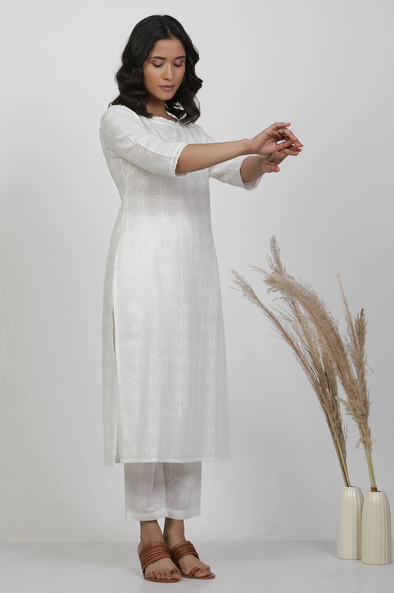 Wite Schiffli Cotton Kurta And Pants Co-Ord Set - Image 5