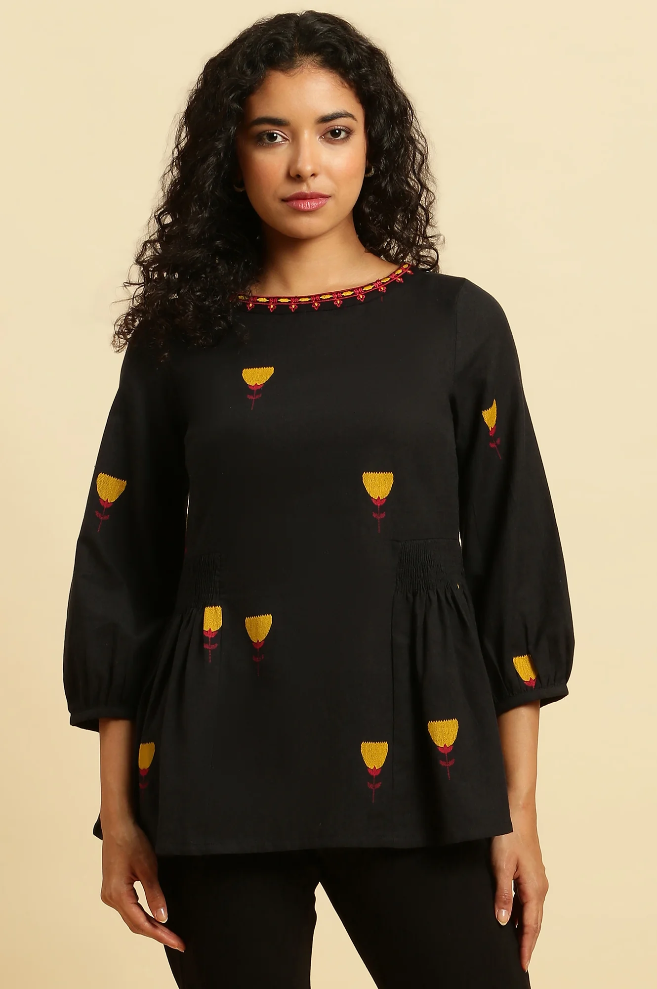 Black Yarn Dyed Smocked Peplum Top