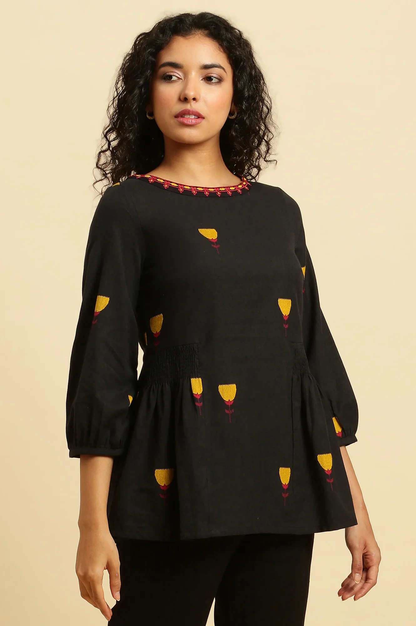 Black Yarn Dyed Smocked Peplum Top - Image 4
