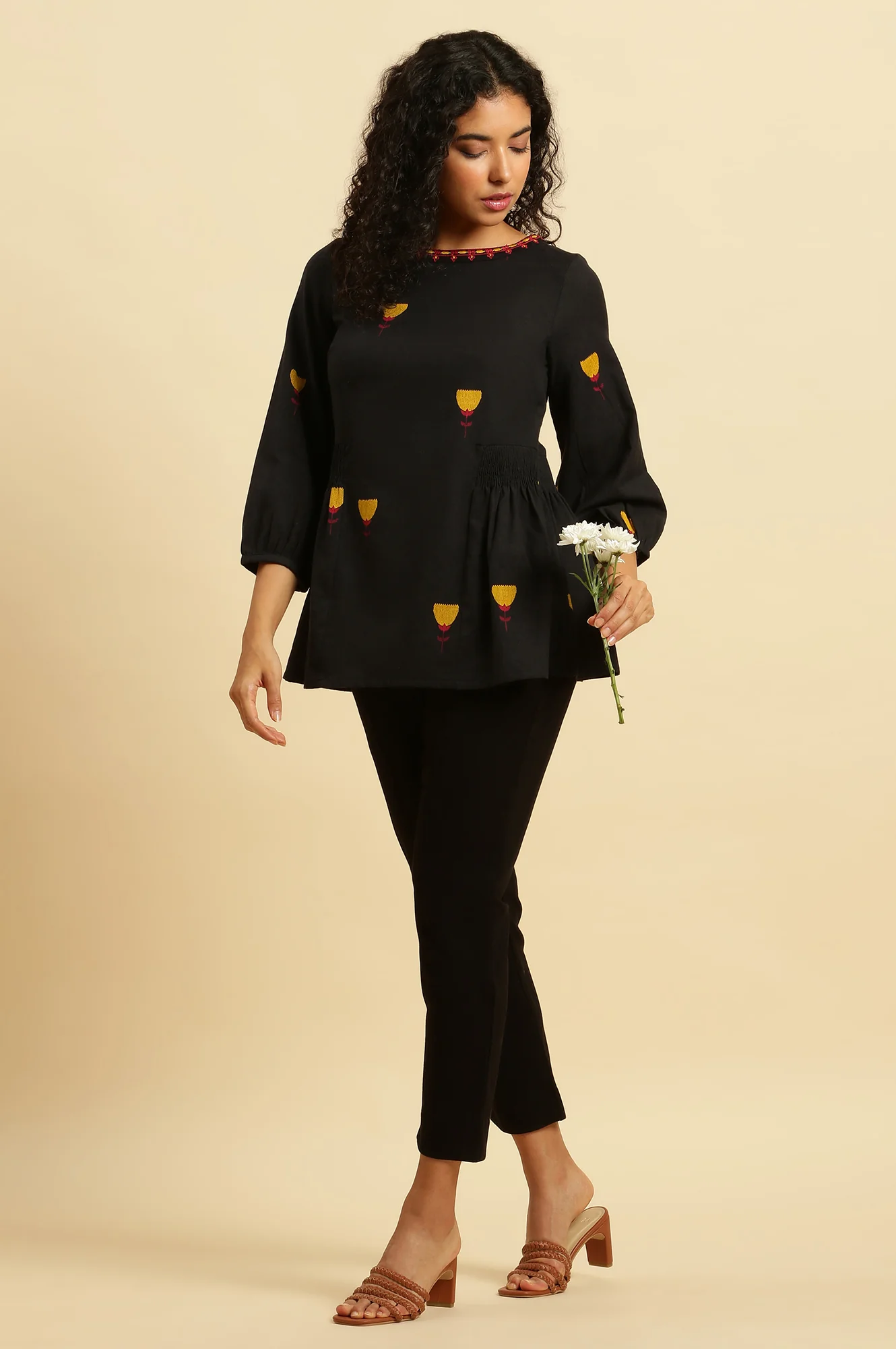Black Yarn Dyed Smocked Peplum Top - Image 5