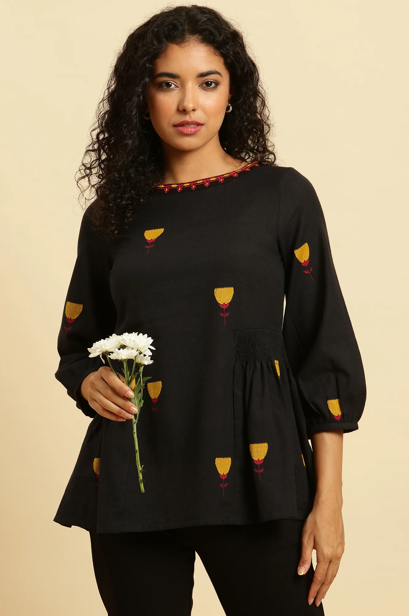 Black Yarn Dyed Smocked Peplum Top - Image 6
