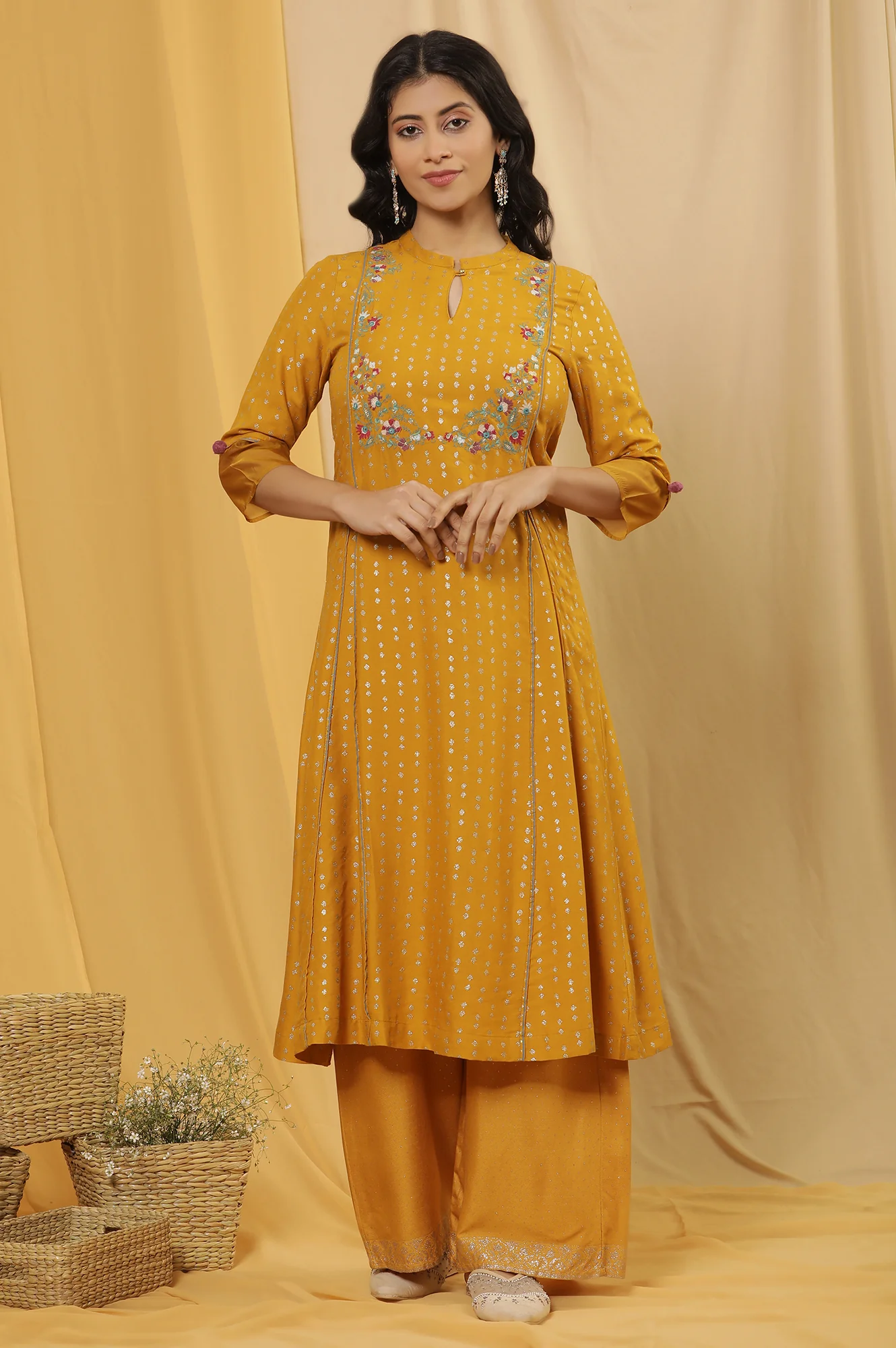Yellow A-Line Embroidered Kurta And Parallel Pants Set - Image 2