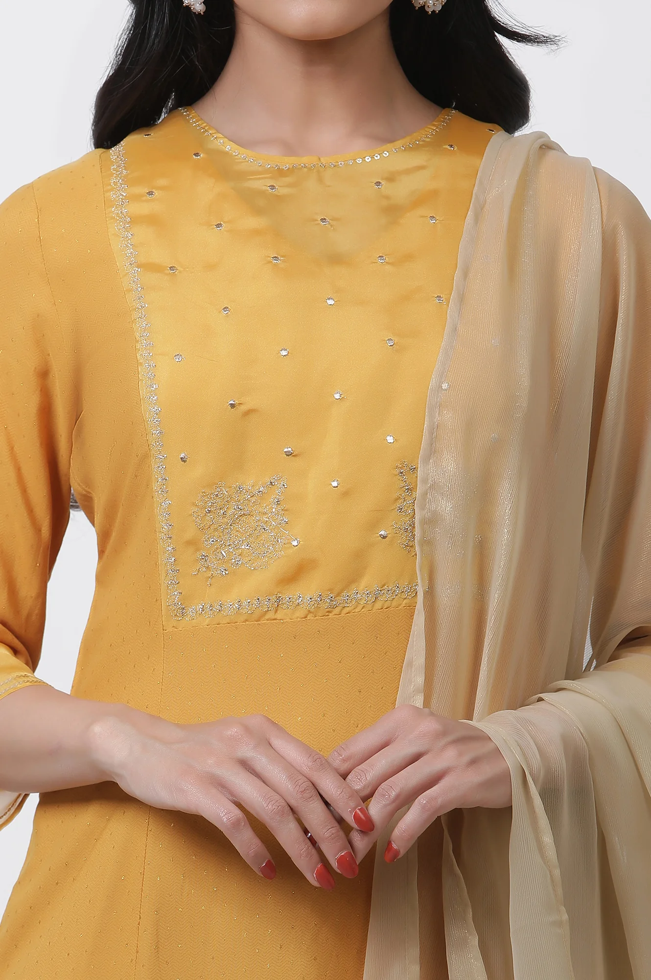 Yellow A-Line Embroidered Kurta, Parallel Pants And Dupatta Set - Image 6