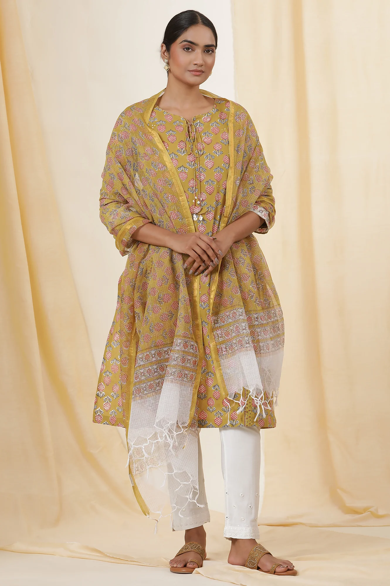 Yellow Buti Block Print Kota Doria Drape - Image 2
