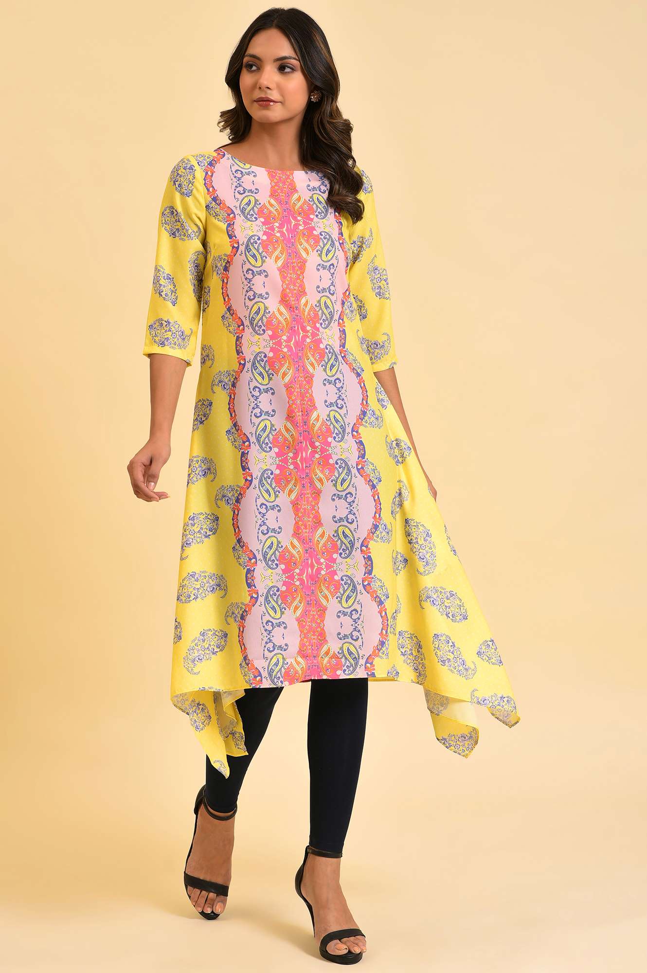 Yellow Centre Placement Asymmetrical kurta - Image 6