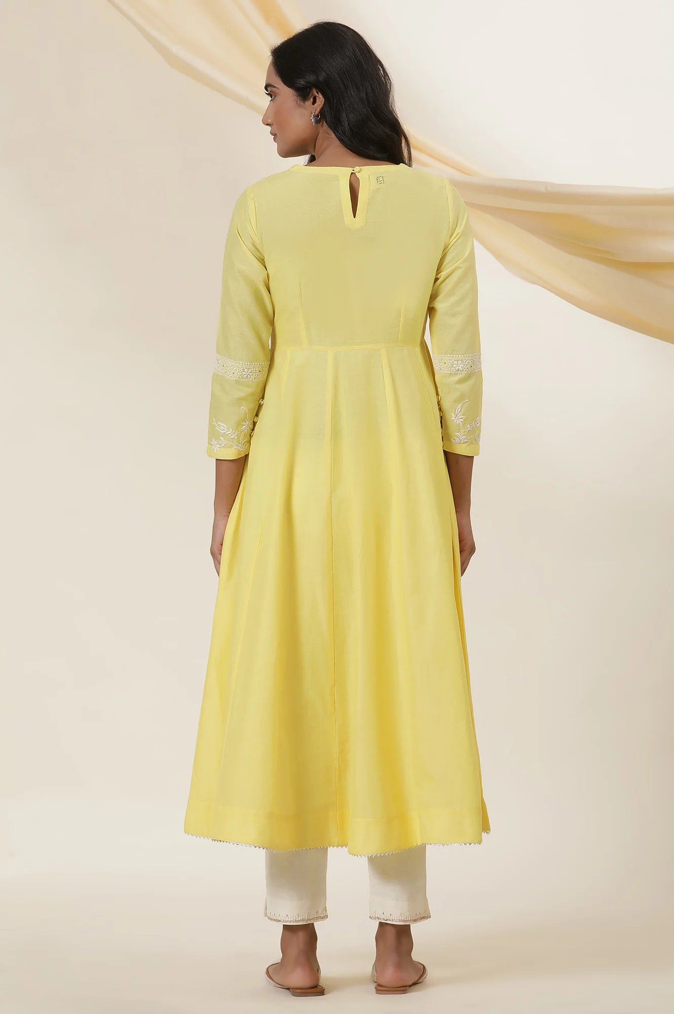 Yellow Chikankari Anarkali Kurta In Cotton Voile - Image 4