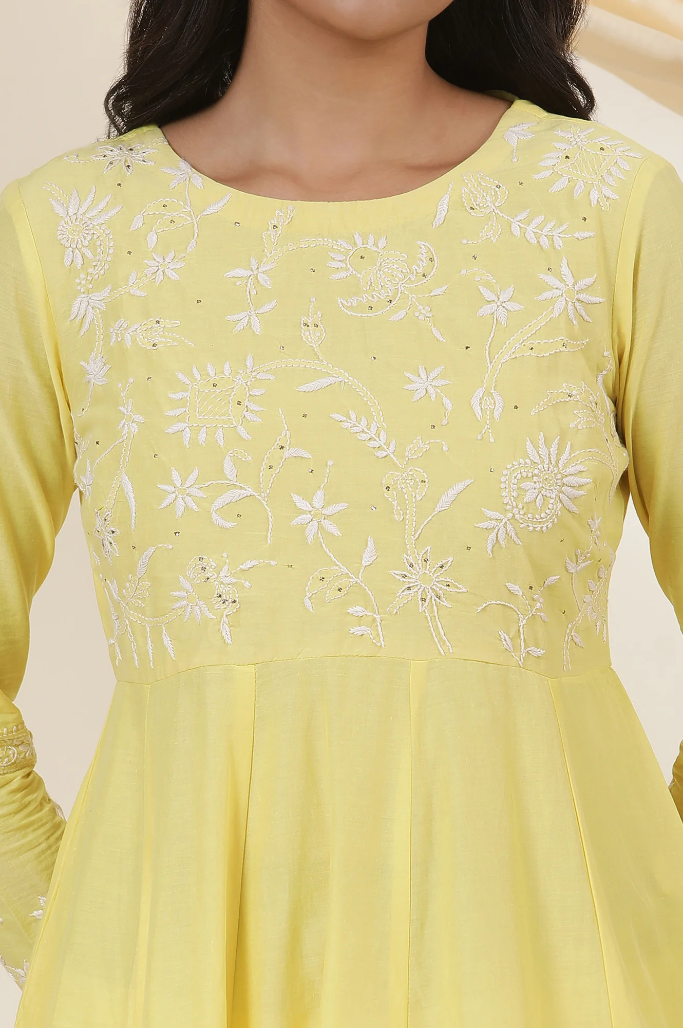 Yellow Chikankari Anarkali Kurta In Cotton Voile - Image 7