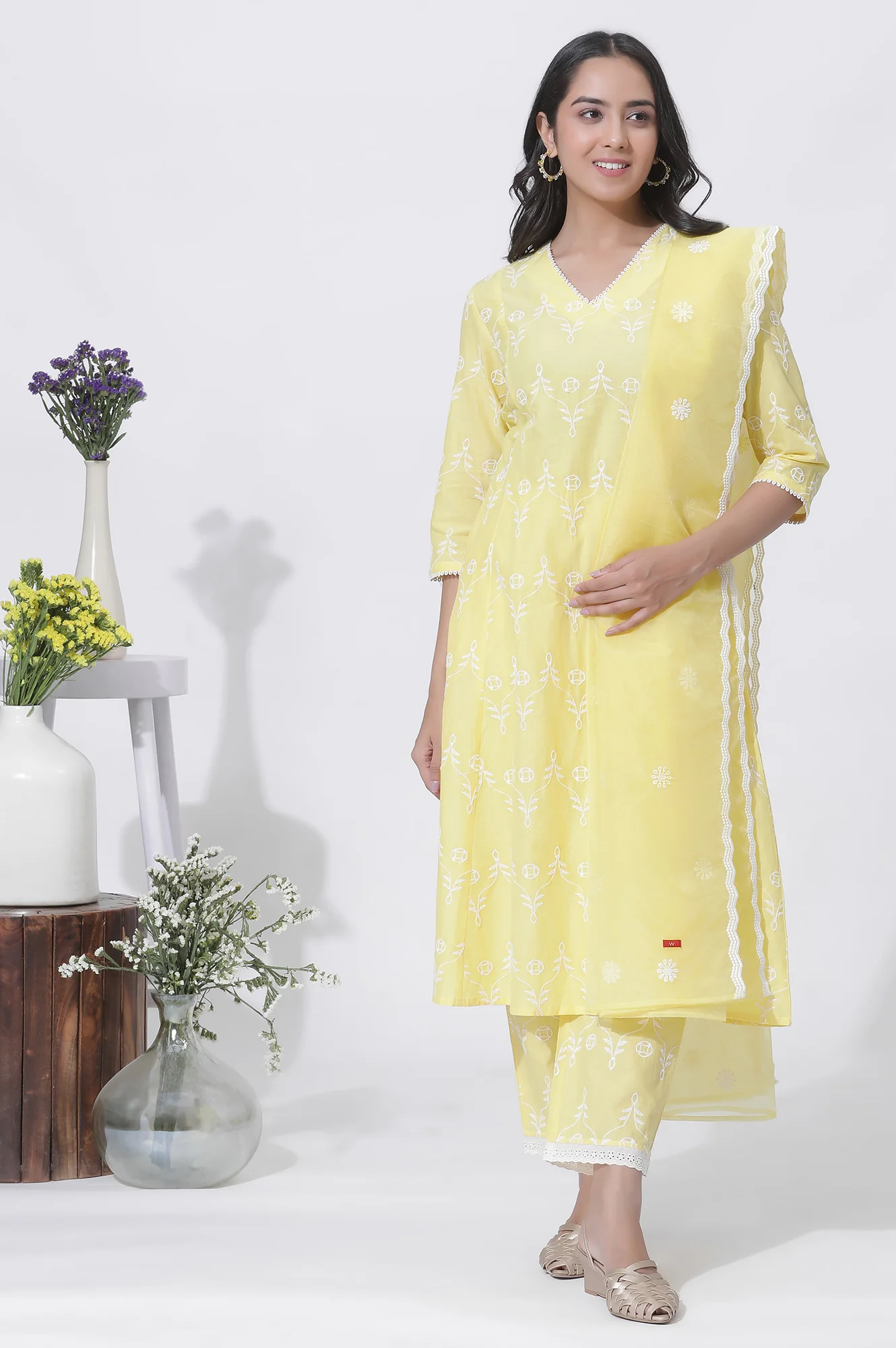 Yellow Cotton Embroidered Flared Kurta, Straight Pants And Dupatta Set - Image 2