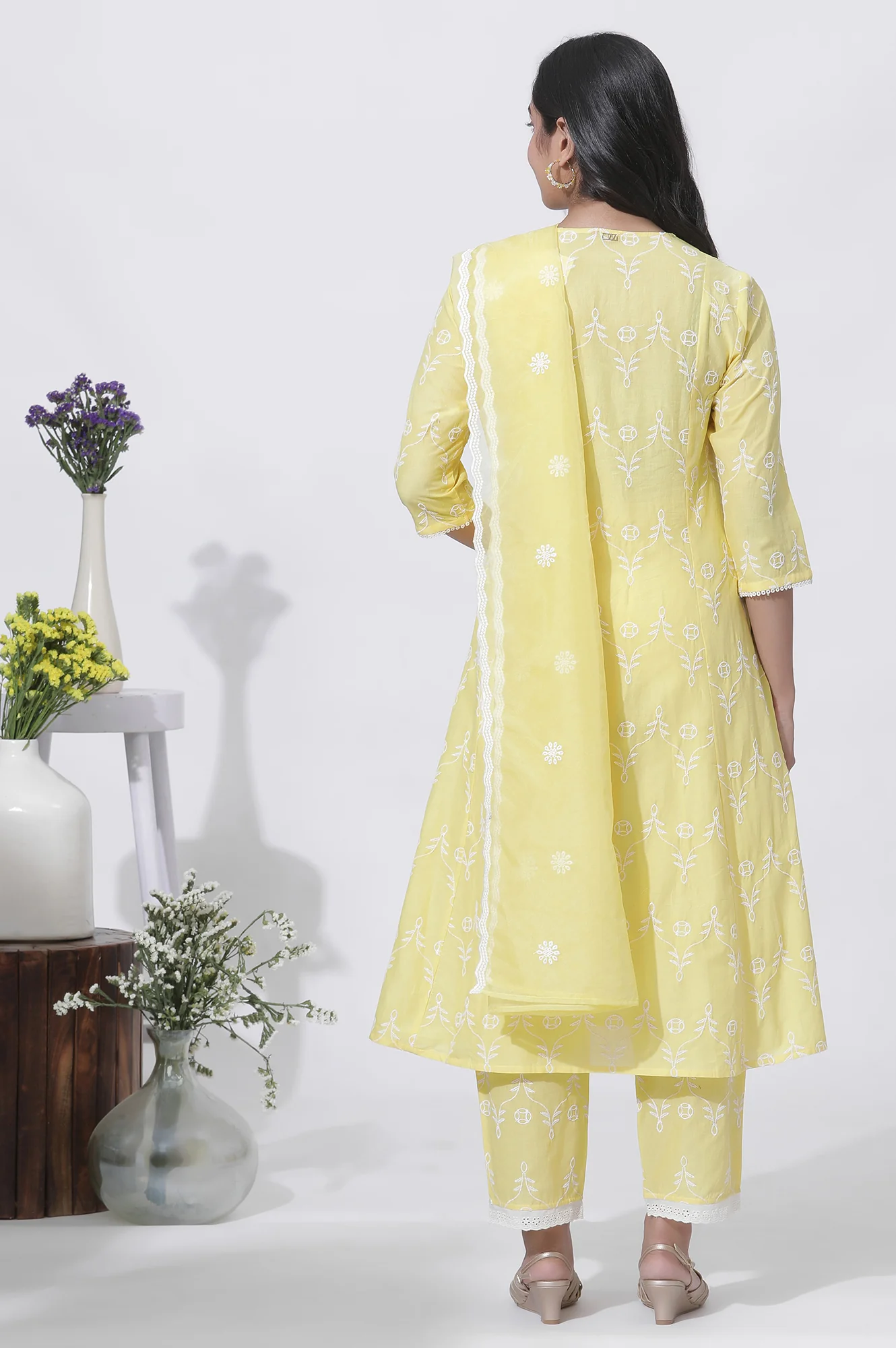 Yellow Cotton Embroidered Flared Kurta, Straight Pants And Dupatta Set - Image 4