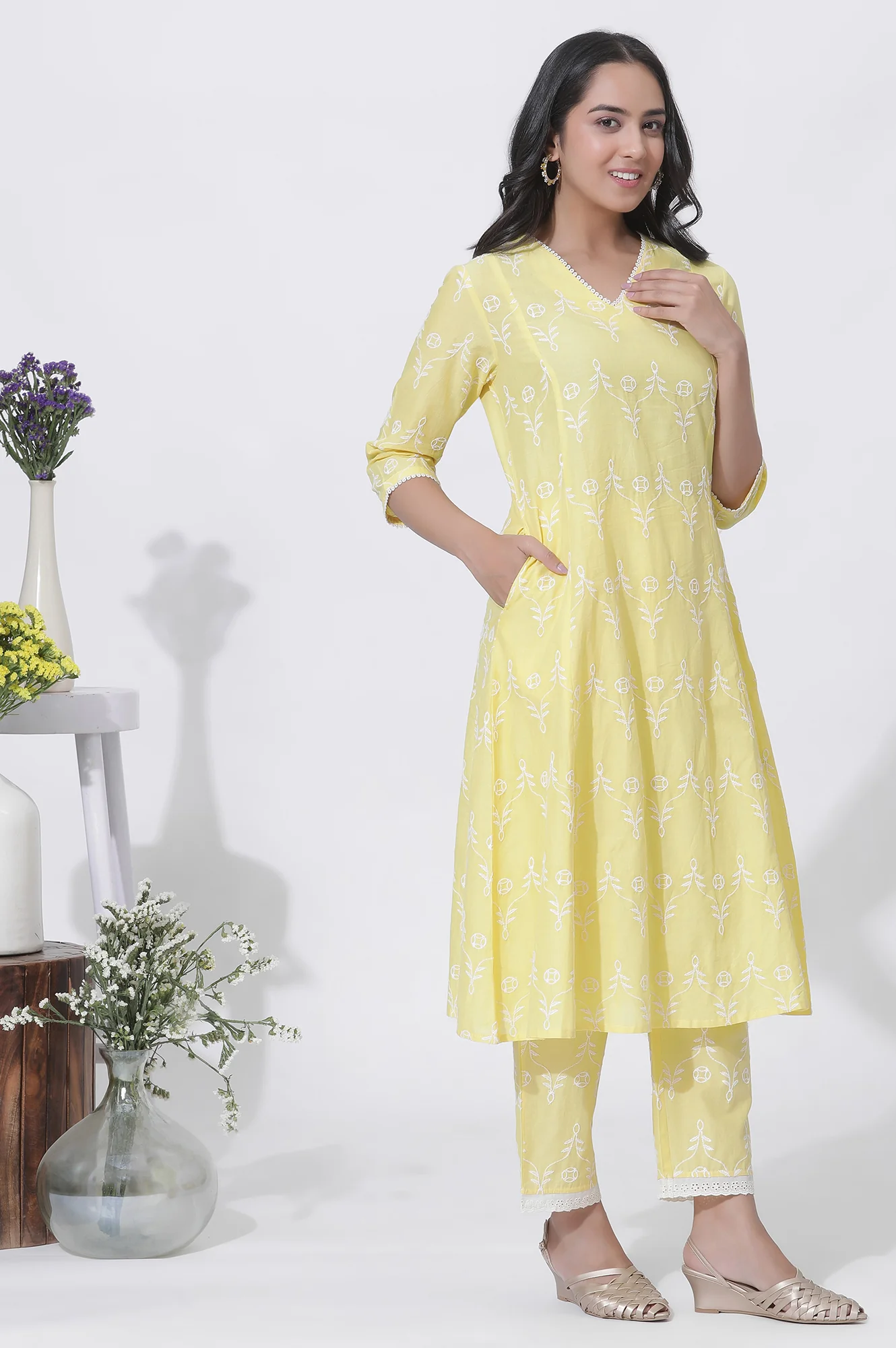 Yellow Cotton Embroidered Flared Kurta, Straight Pants And Dupatta Set - Image 5