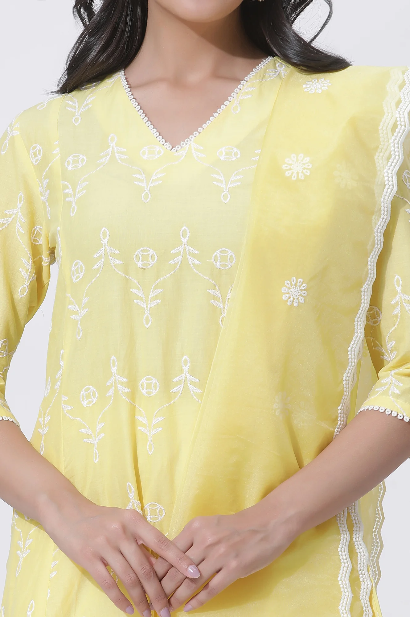 Yellow Cotton Embroidered Flared Kurta, Straight Pants And Dupatta Set - Image 6