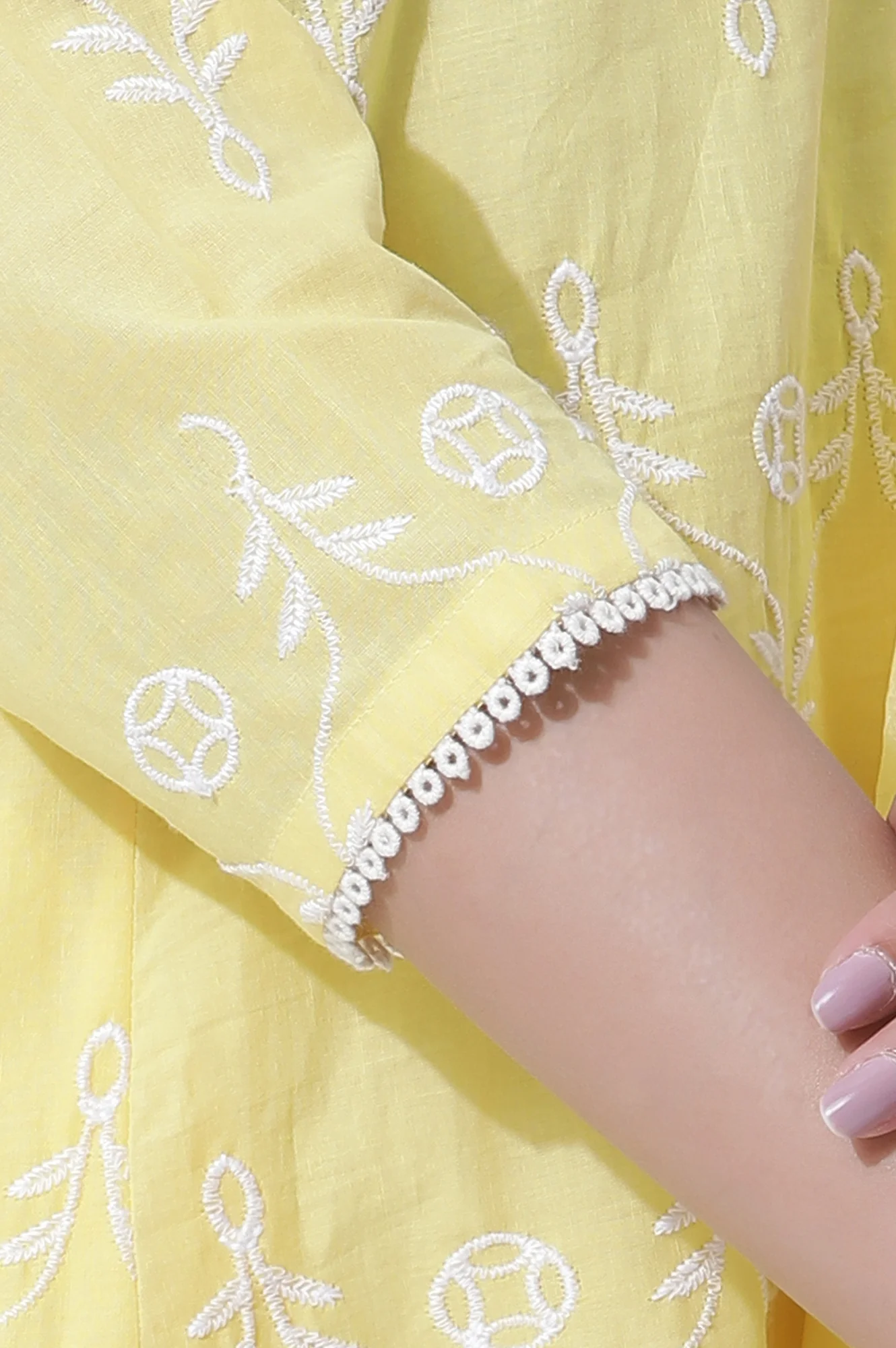 Yellow Cotton Embroidered Flared Kurta, Straight Pants And Dupatta Set - Image 7