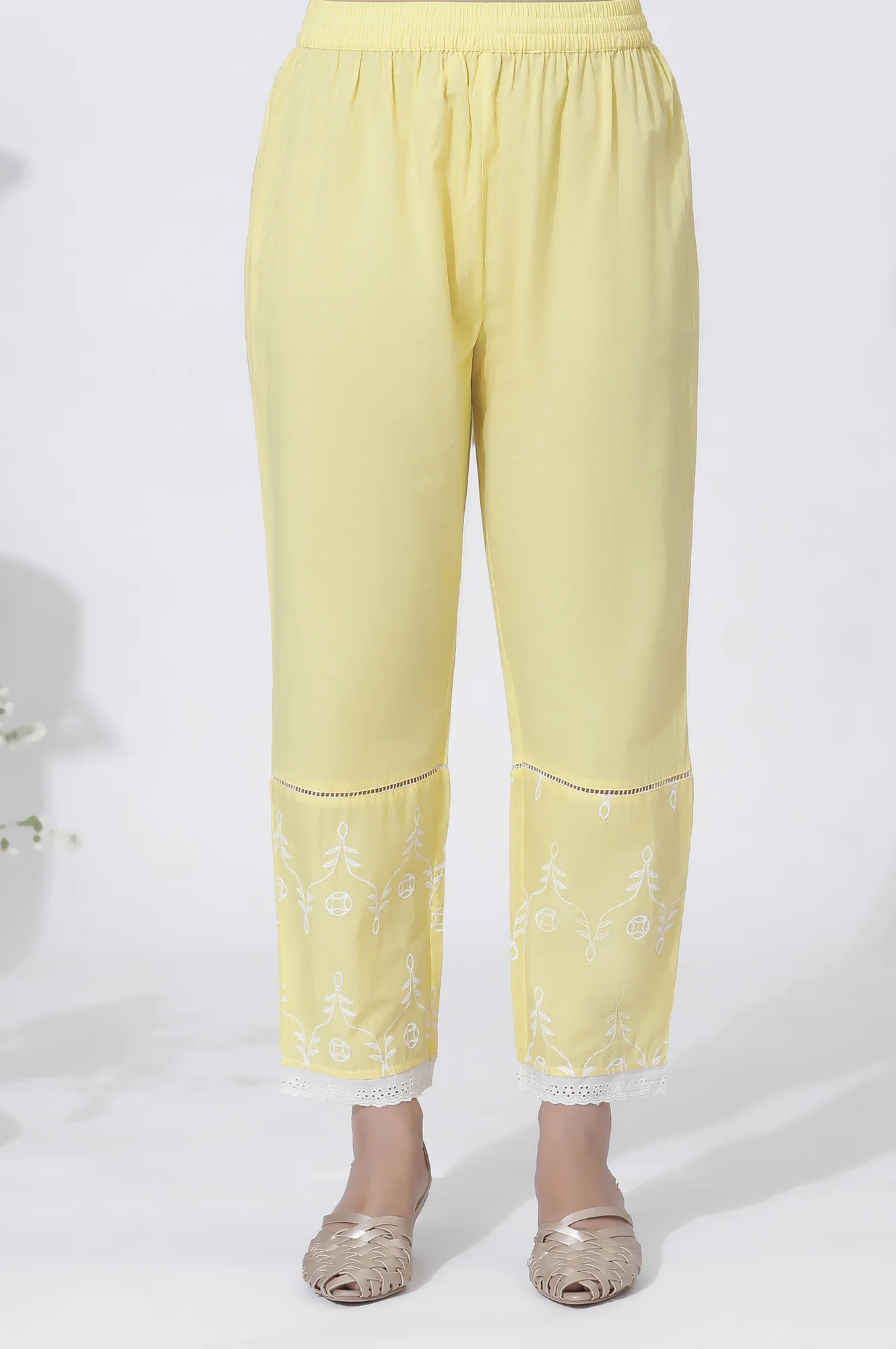 Yellow Cotton Embroidered Flared Kurta, Straight Pants And Dupatta Set - Image 8
