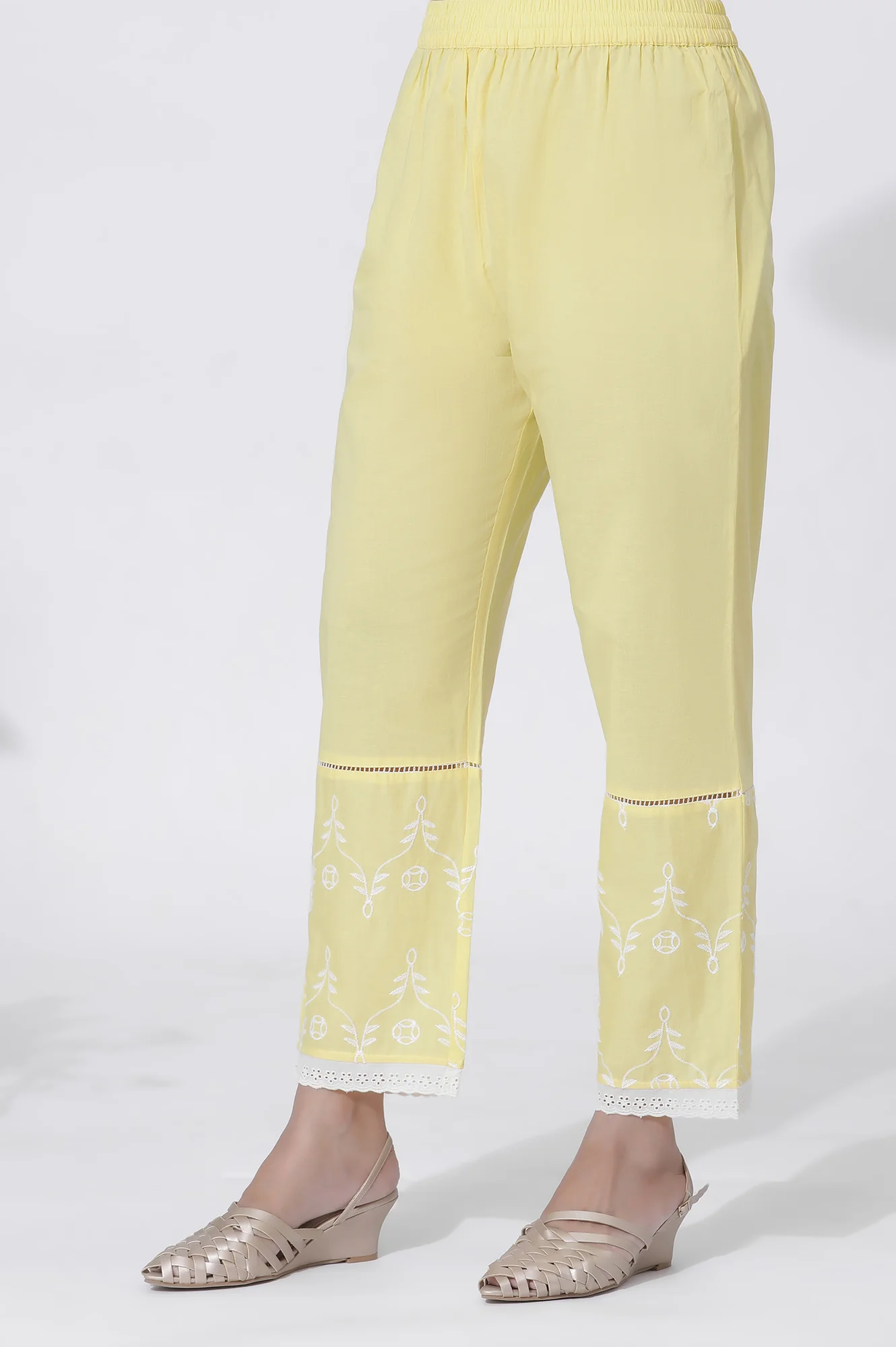 Yellow Cotton Embroidered Flared Kurta, Straight Pants And Dupatta Set - Image 9