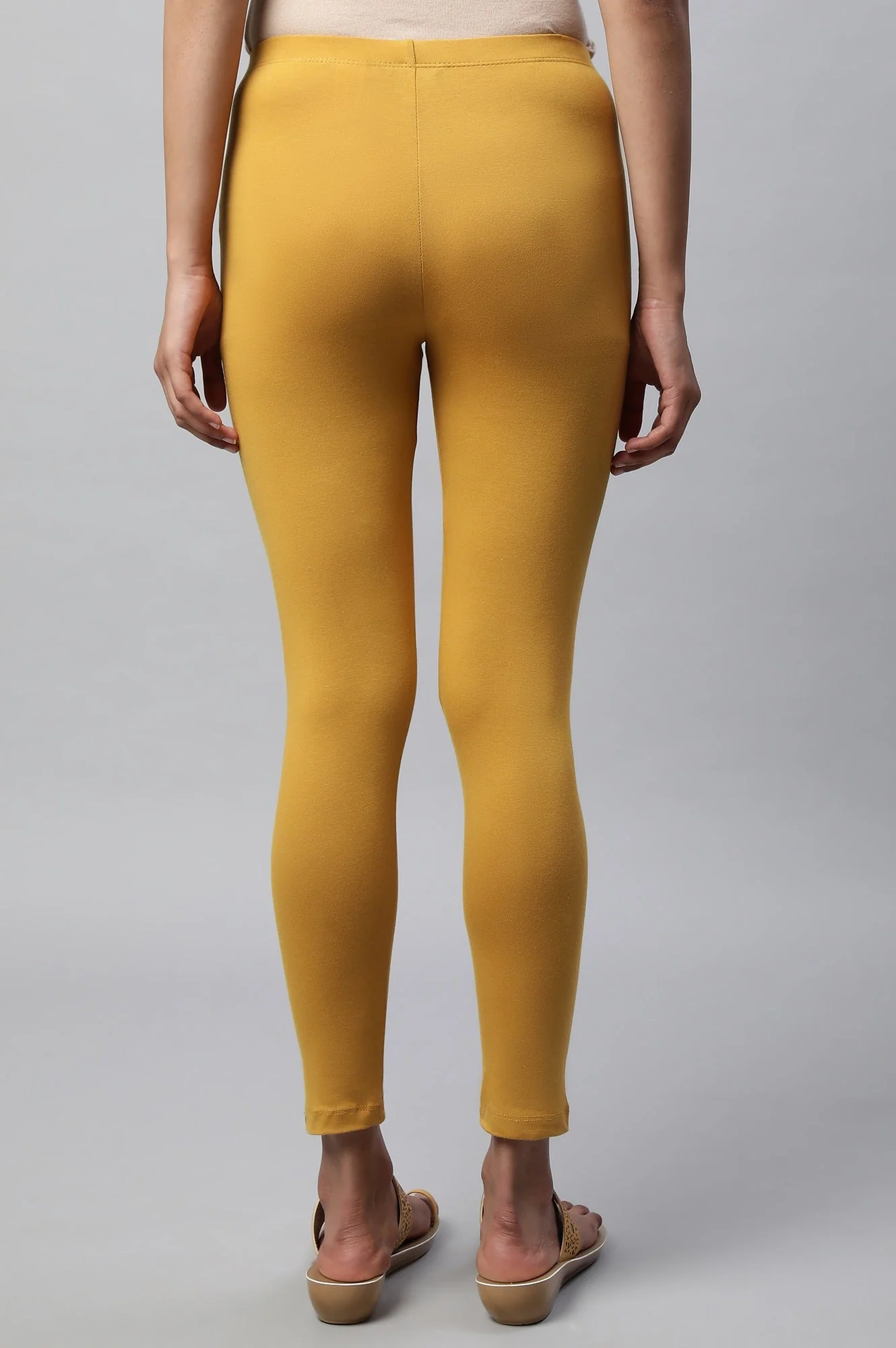 Elleven Women's Yellow Solid Skinny Fit Cotton Tights With Slip On Closure - Image 2