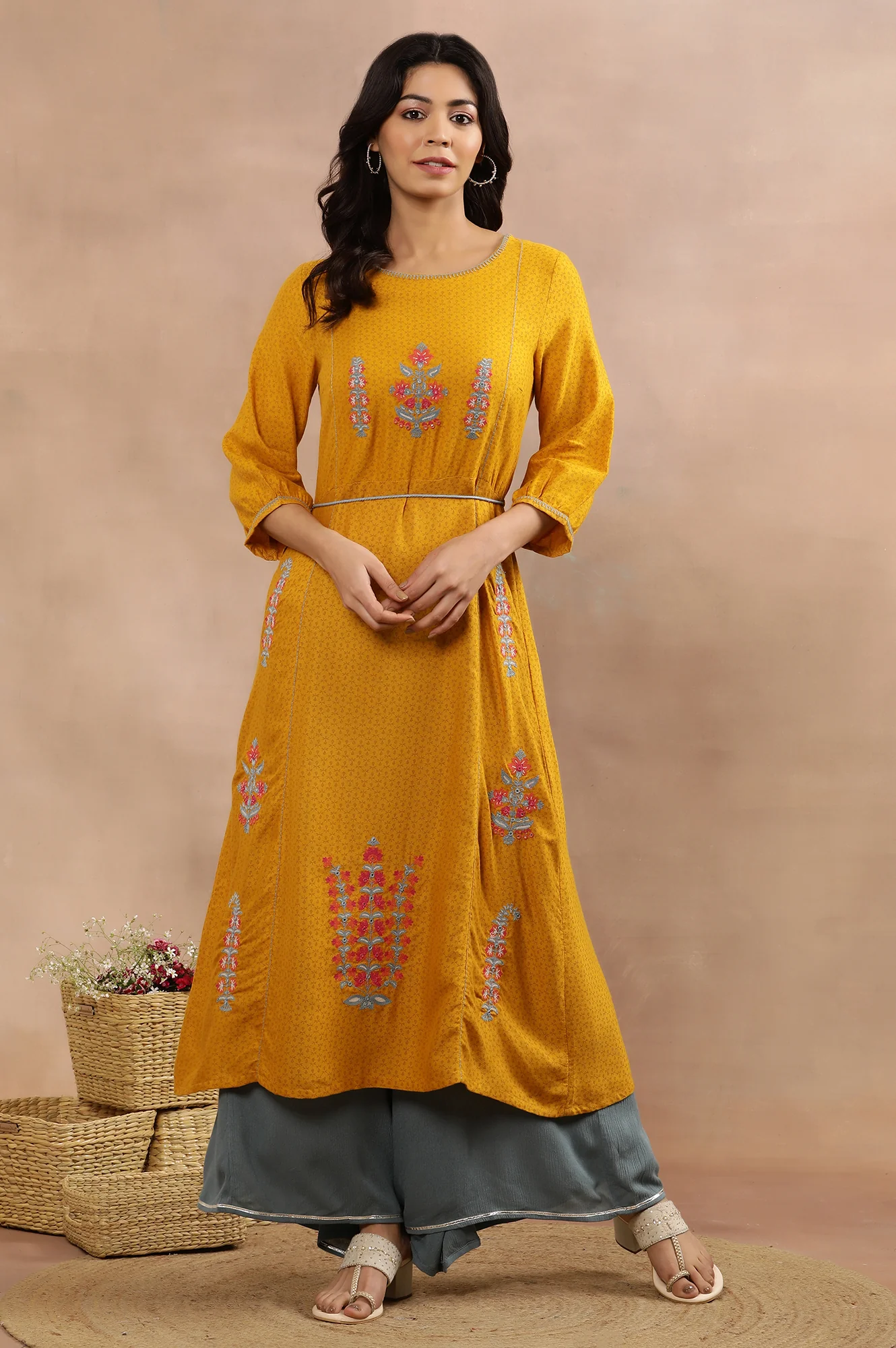 Yellow Embroidered Flared Kurta And Flared Pants Set - Image 2