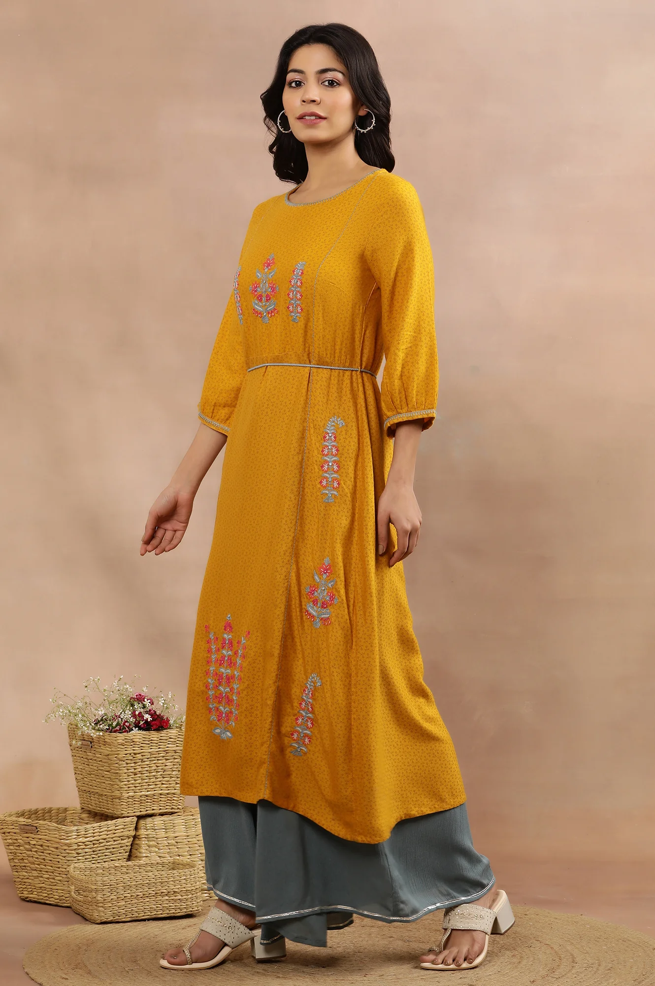Yellow Embroidered Flared Kurta And Flared Pants Set - Image 3