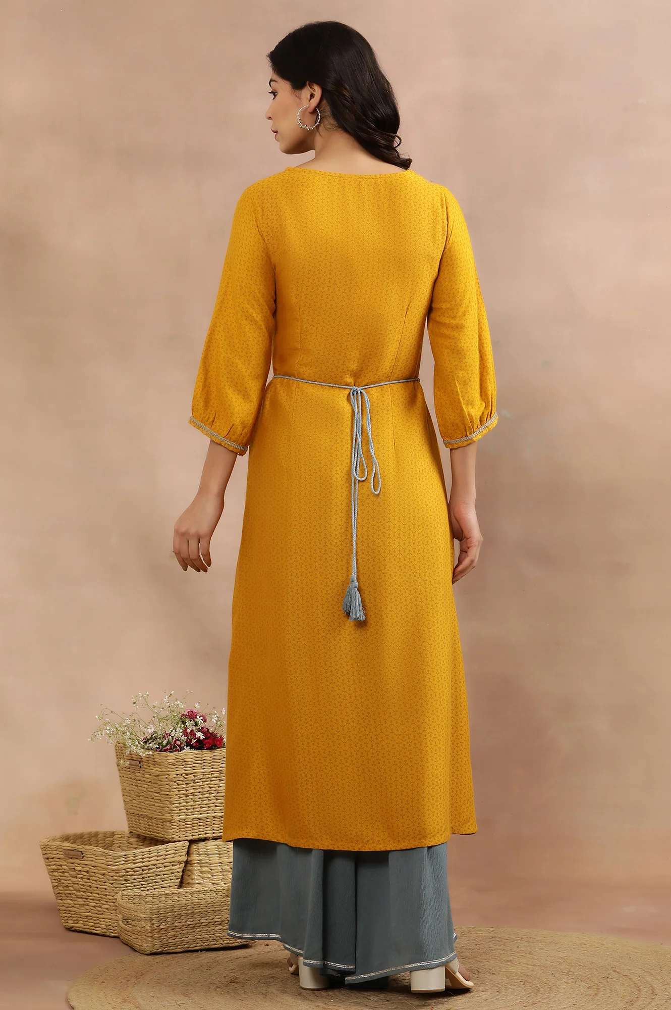 Yellow Embroidered Flared Kurta And Flared Pants Set - Image 4