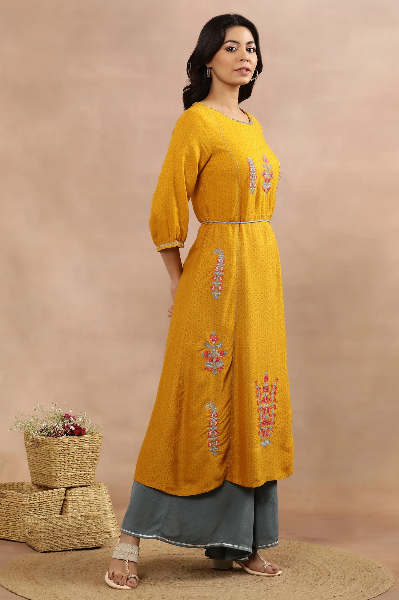 Yellow Embroidered Flared Kurta And Flared Pants Set - Image 5