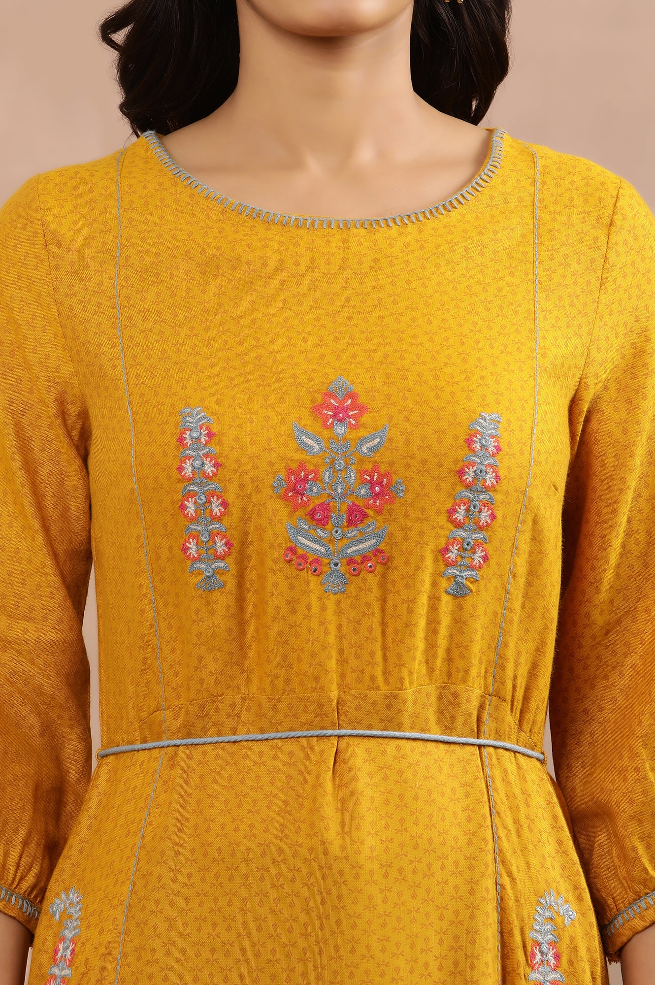 Yellow Embroidered Flared Kurta And Flared Pants Set - Image 6